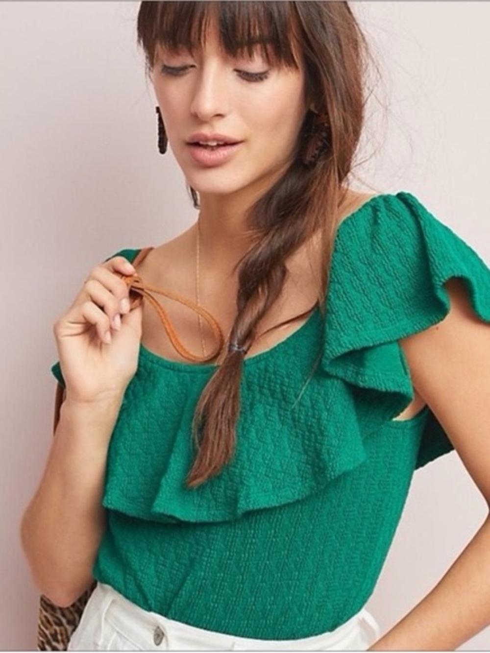 Anthropologie Emerald Green Ruffle One-Shoulder Camisole